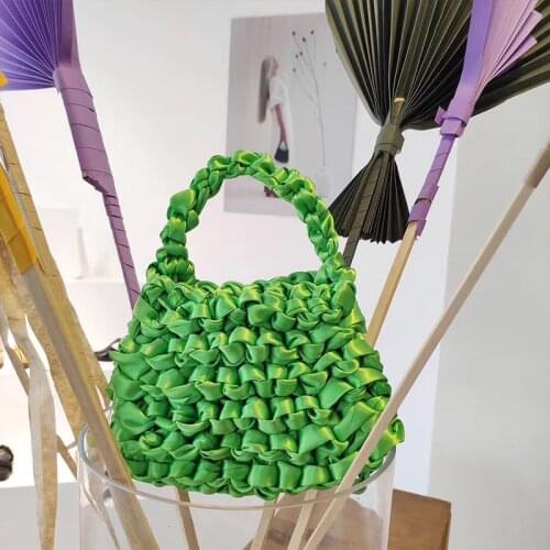 Scarf Ribbon Hand-woven Women Handbag Fluorescent Colors Ladies Hand Bags Crochet Handmade Female Tote Solid Women Bag 2021 New