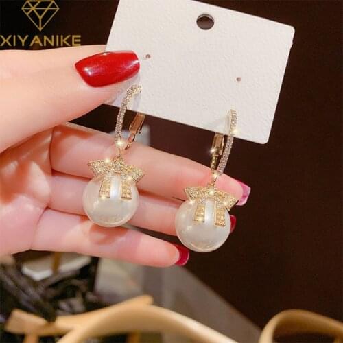 XIYANIKE Gold Color Bowknot Pearl Drop Earrings For Women Geometric Alloy Earrings 2021 Trend Fashion Party Jewelry Brincos Gift