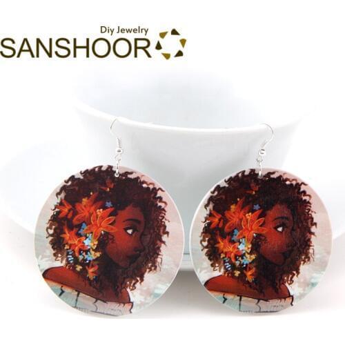 SANSHOOR Vintage Flower Black Girl Cruly Hair Wood Drop Earrings AFRO Ethnic Halloween Jewelry For Women Christmas Gifts 1Pair