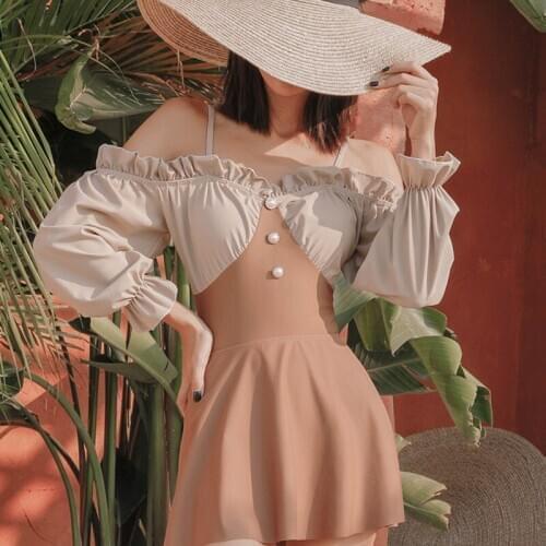 Swimsuit Fused Swimwear Women One Piece Retro Onepiece Female Covering Word Long Sleeve Ins Skirt Color Animal Polyester