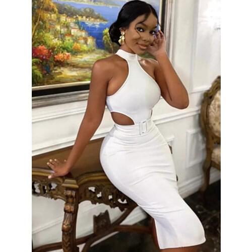 Women Summer Sexy Hollow Out Knee Length Midi White Bodycon Bandage Dress 2021 Designer Bodycon ElegaEvening Party Dress Vestido