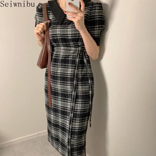 Vintage Elegant Sweet V-Neck Plaid Print Dress 2021 Spring Autumn New Dress One-Piece Korean Fashion Dress Female Midi Dress