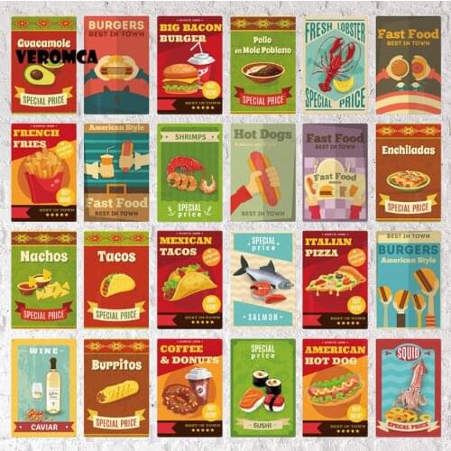 Tin Sign Fast Food Sushi Pates Plaque Hot-Dog Chips Hamburger Wall Stickers Shop Kitchen Bar Restaurant Vintage Wall Decoration