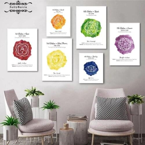 7 Chakras Yoga Meditation poster Wall Art Print Health Aum Yoga Om Symbol Watercolor Art Canvas Painting Home cuadros Decoration