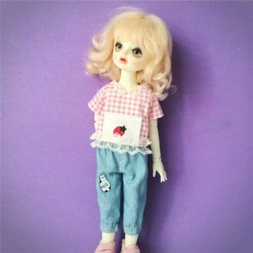 1 Set Handmade Cute Strawberry Plaid T-shirt and Denim Pants Clothes for Blyth, Licca, Azone, 1/6 BJD, 1/8 BJD Doll Clothing