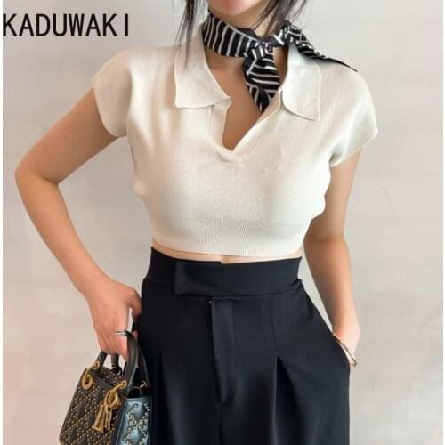 Korean Chic Summer Simple Lapel Tops Slim Casual All-match Short Sweater T-shirt Women Design Hot Girl Skinny Women T-shirt