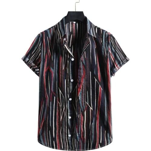 2021 Men Breathable Stripe Summer Short Sleeve Loose Buttons Casual Shirt Blouse Beach Hawaii Camicia da uomo caldo
