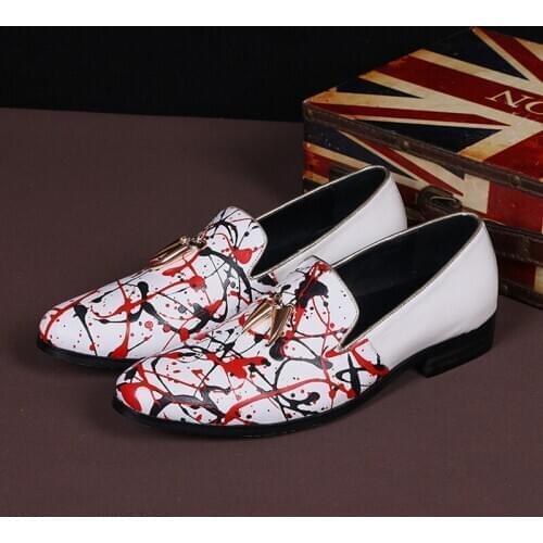 Genuine Leather Graffiti Casual Men Shoes Metal Shark Tooth Round Toe Male Flats Slip on Print Men Sneakers Zapatos Hombre