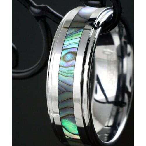 Mens Fashion Black Stainless Steel Ring Abalone Shell Inlay Wedding Engagement Anniversary Jewelry Party Rings Gift Size 6-13