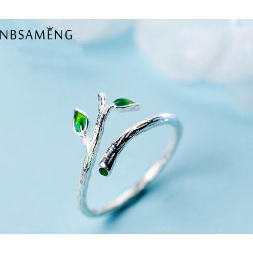 NBSAMENG 100% 925 Sterling Silve Green Leaves Tree Branch Rings Opening Adjustable For Women Girl Gift Finger Ring Jewelry