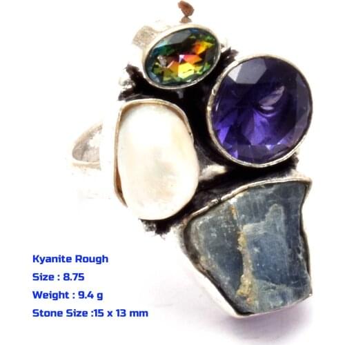 Genuine Moonstone Labradorite Blue Topaz Solar Agate Carnelian Black Tourmalite Jasper Ring Silver Copper Size: 8.5, 8.75