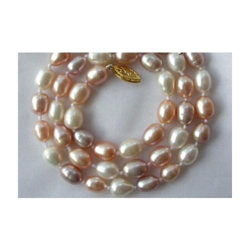 RHJ00111 stunning 9mm baroque rice white pink purple freshwater pearl necklace NEW