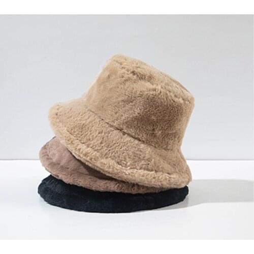 2021 Fashion Artificial Rabbit Fur Bucket Hat Women Autumn Winter Warm Thickened Fisherman Hat Panama Plush Basin Hat Lady Cap