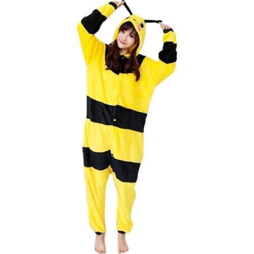 2020 Adults Animal Pajamas Cartoon Sleepwear Bee Pajamas Sets Anime Kigurumi Women Men Warm Flannel Hooded
