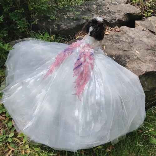 Handmade High-End Dog Dress Pet Clothes Trailing Wedding Party Gown Angel Wing Embroidery Flowers Tulle Skirt Yorkie Poodle