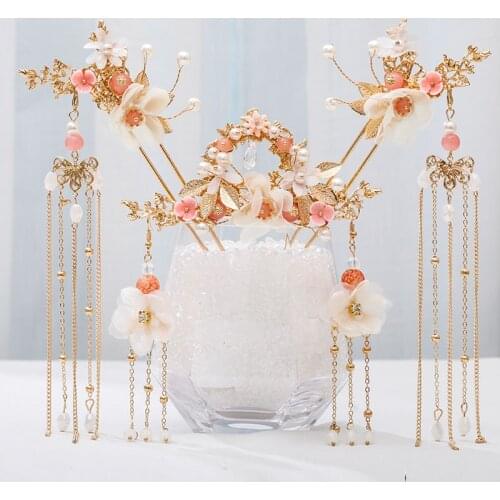 Luxuriant Ancient Hanfu Head Decor Tassel Step Shake Flower Gold Leaves Hairpin Haircomb Set Girl Gift Bridal Headdress LL@17