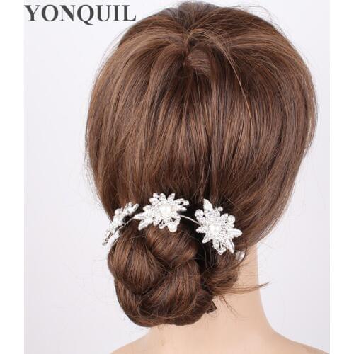 Silver Leaves Full Crystal Flower Pearl Bridal Jewelry Hair Accessories Headband Elegant Wedding Tiara Fashion Hairband 2Pcs/Lot