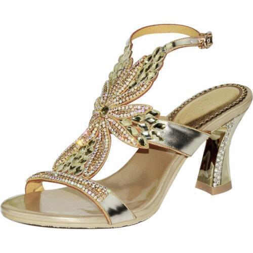Hoof Heels Rhinestone Wedding Sandals Open Toe Back Buckle Strap Crystals Heels Prom Evening Party Ladies Summer Sandals