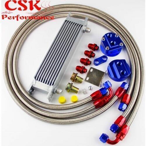Universal 10 Row 248mm AN8 Engine Transmission Oil Cooler British Type + Aluminum Filter Adapter Kit Black/Blue