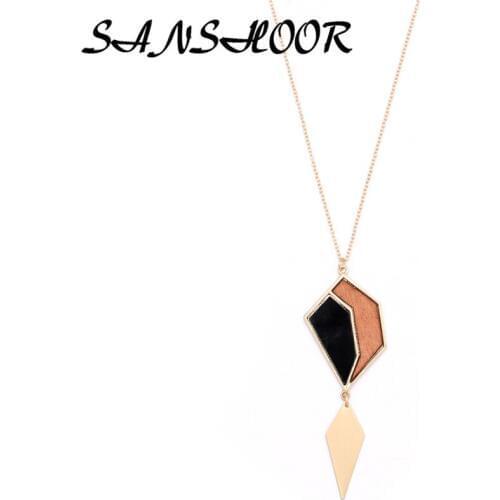 SANSHOOR Womens Long Hand Made Ceramic Beads Wood Pendant Sweater Chain Necklace Wooden Triangle Shape Alloy Chain For Female