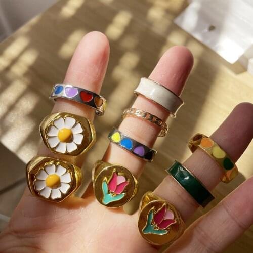 2021 New Korean Trendy Vintage Double Layer Dripping Oil Enamel Color Contrast Heart Metal Rings for Women Couple Jewelry