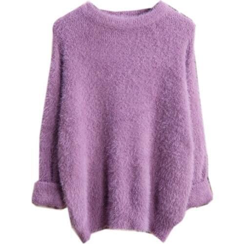 Mink Fleece Sweater Womens round Neck Soft Long Fur Base Shirt Solid Color Casual Pullover Special Rabbit Fur Sweater Fairy