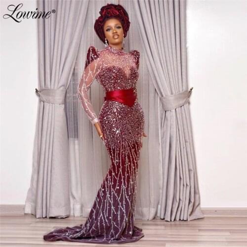 Couture Burgundy Beads Evening Dresses Long Mermaid Sparkly Arabic Robe De Soiree Formal Long Sleeves Evening Wear Party Gowns