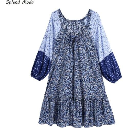 2021 Autumn New Fashion Vintage Square Collar Flower Print Layered Stitching Lace-Up Long-Sleeve Beach Dresses Women Vestido