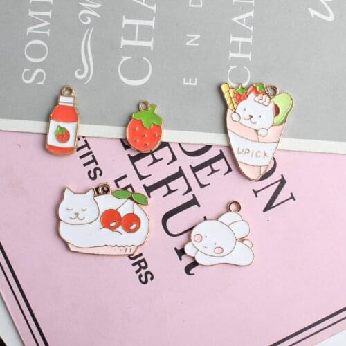 10pcs/lot Fashion Drop-Oil Alloy Pendant Rabbit Cake Cat Strawberry Juice Shape Enamel Charms DIY Alloy Earrings Accessories