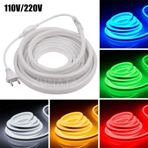 110V 220V LED Neon Strip Light SMD2835 120LEDs/M Flexible Neon Rope Tube with EU US Plug Waterproof Ribbon White /Warm White