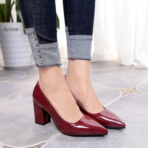 2020 New Women Pumps Black High heels 7.5cm Lady Patent leather Thick with Autumn Pointed Single Shoes Female Sandals Big 35-43