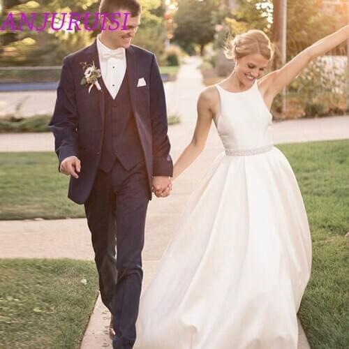 ANJURUISI Sexy Long Backless Wedding Dresses O Neck Sleeveless Crystal Sashes Ruched Satin Wedding Bridal Gowns vestido de noiva