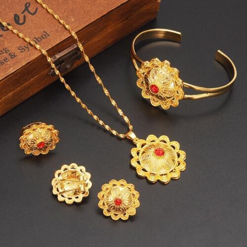 Bangrui Traditional Ethiopian 5pcs Coin Wedding Jewelry Sets Gold Color Jewelry Bridal Romantic Jewelry for Women