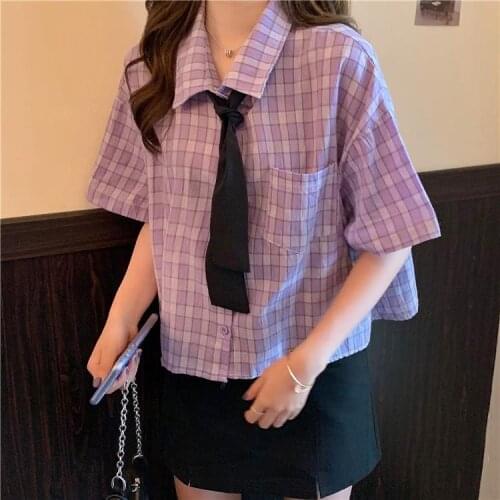 Women Blouse Summer Loose Temperament Design Sense Niche Student Casual Shirt Short-Sleeved Plaid Shirt Blusas Mujer De Moda