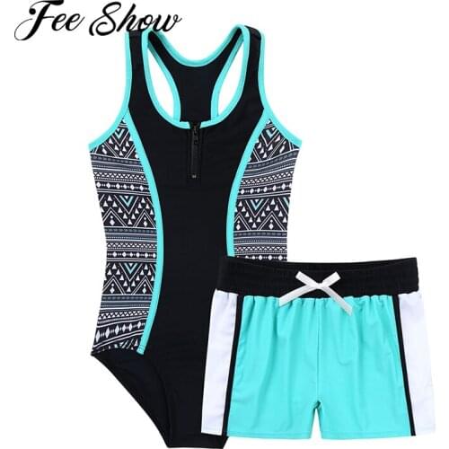 Kids Girls Swimsuits Swimming Bathing Suit Round Neck Sleeveless Racer Back Jumpsuit Boyshorts Set Children Beachwear Swimwear