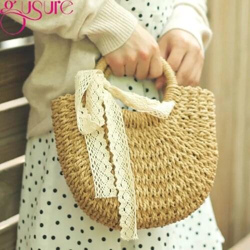 Gusure Fashion Lace Bow Straw Bags For Women Brand Designer Rattan Handbags Luxury Wicker Woven Handmade Totes Beach Purses