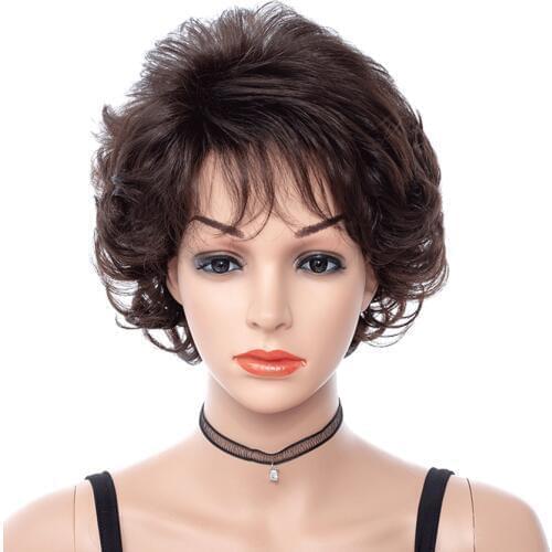 Dark Brown Short Wavy Wigs Women Synthetic Hair with Bangs for Mother Wig Middle Aged Female High Temperature Fiber