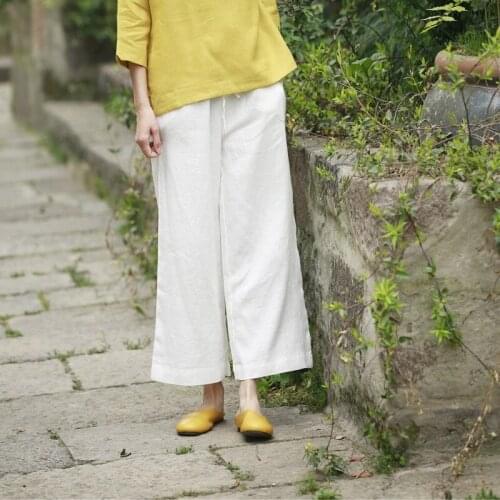 Literary Cotton and Linen Womens Linen Casual Womens Cropped Trousers Straight Pants Loose Wide Leg Pants K701