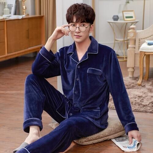 Mens Autumn Winter Pajamas Suits 2PCs Oversize Spring Sleepwear Coral Velvet Thick Keep Warm Noble Style Homewear халат мужской