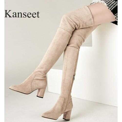 Kanseet Sexy Pointed Toe 2021 New Autumn Fashion Winter Over The Knee Boots Thick High Heel Handmade Slim Thigh High Boots Black