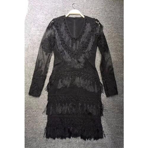 New Style Winter Dress Women Sexy Black Long Sleeve Tassel Bodycon Vestidos Celebrity Party Bandage Dress Clubwear