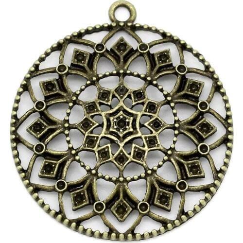DoreenBeads Zinc alloy Charm Pendants Round Antique Bronze(Hold ss5 Rhinestone)Flower HollowInlaid faceteds 4.3cmx3.9cm,2 PCs