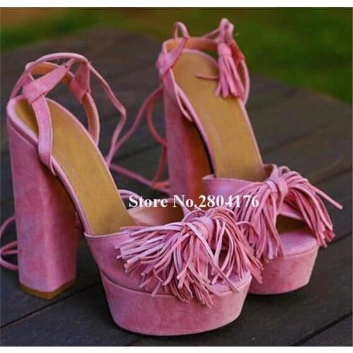 Charming Women Open Toe Suede Leather High Platform Chunky Heel Tassles Gladiator Sandals Pink Thick High Heel Sandals Club Shoe