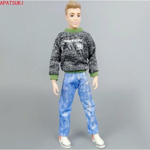 1/6 Doll Clothes For Ken Boy Doll Outfits Grey Coat & Denim Trousers Pants For Barbies Boyfriend Ken Prince Accessories Toys