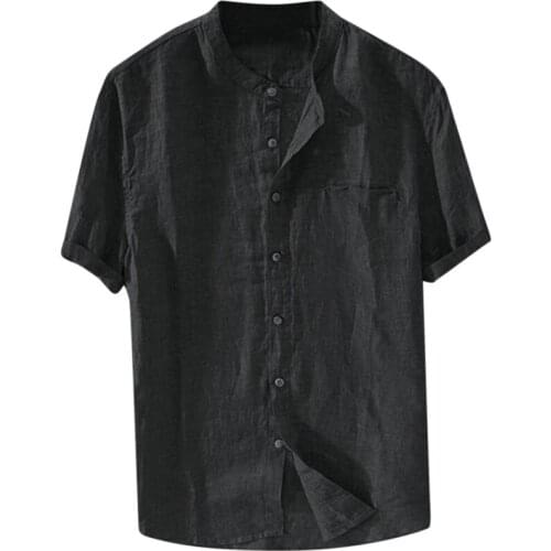 Solid Shirts Men Stand Collar Short Sleeve Casual Mens Shirt Summer Beach Daily Loose Camisa Linen Oversized Breathable Camisas