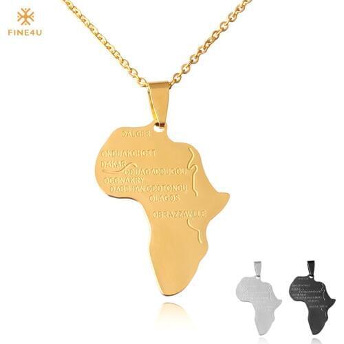 FINE4U N126 Big Africa Map Pendant Necklace For Women Men 316L Stainless Steel African Maps Necklace Ethiopian Jewelry Wholesale