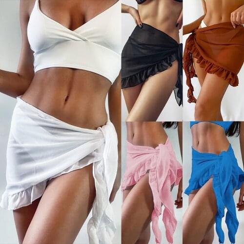 Sexy Women Beach Skirt Cover Up Solid High Waist Ruffle Tie Mesh Sheer Bikini Cover-ups Femme Swimwear Chiffon Beach Skirt Y2k