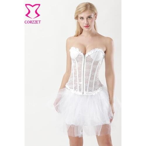 Sexy White Transparent Floral Lace Zipper Overbust Padded Corsets And Bustiers Wedding Corset Skirt Lingerie Set Bridal Dress