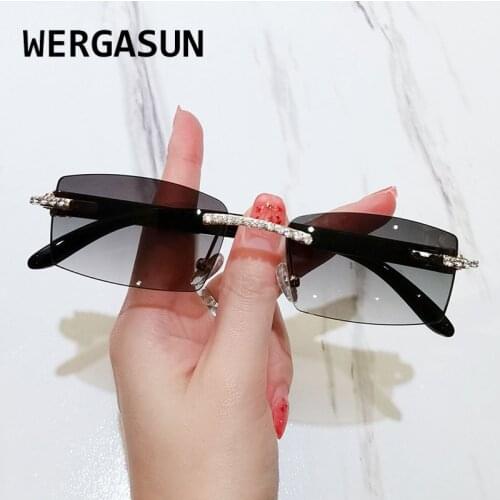 WERGASUN Retro Sunglasses Women Brand Designer Diamond Rimless Sun Glasses Shades Rhinestone Lens Ladies Frameless Eyeglasses