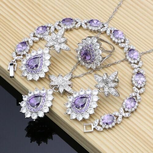 Bridal Purple Cubic Zirconia White Crystal Jewelry Sets Costume Jewelry Kits For Women Earrings/Pendant/Necklace/Rings/Bracelet